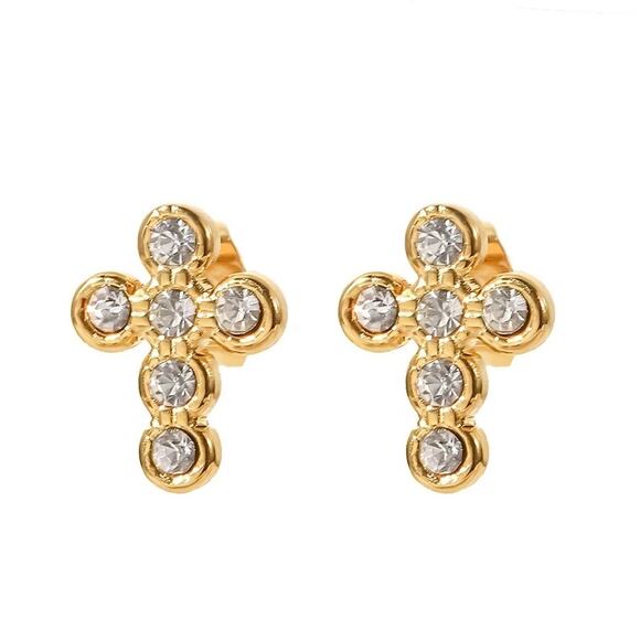 Zircon Cross Stud Earrings 18K Gold Plated‎ Minimalist - Picture 3 of 7
